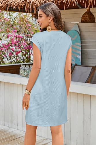 OUGES Women's Summer Casual Cap Sleeve Mini Maternity Dress with Pockets - color: Light Blue, size: Medium