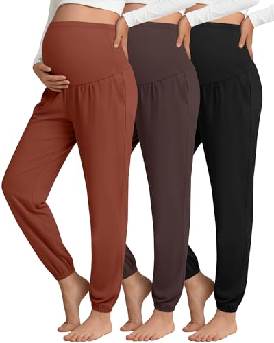 3 Pack Women's Maternity Jogger Pregnancy Sweatpants - color: Pumpkin, Dark Brown, Black, size: Large