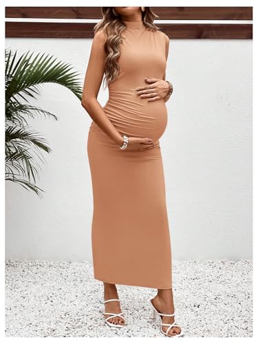 OYOANGLE Women's Maternity Mock Neck Sleeveless Ruched Bodycon Maxi Dress - color: Light Khaki, size: Medium