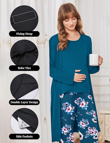 Ekouaer Maternity Pajamas Nursing Robe Set 3 Pieces Post Partum Lounge Sets - color: Lake Blue, size: Small