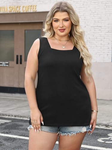 3 Pack Women Plus Size Tank Tops Basic Square Neck Sleeveless Tees - color: Black White Brown, size: X-Large Plus