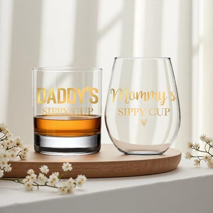 Daddy's Sippy Cup Whiskey Glass & Mommy's Sippy Cup Wine Glass - color: Golden