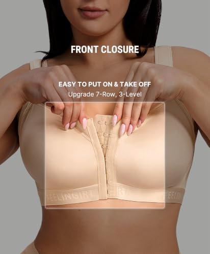 FeelinGirl Front Closure Post Surgery Compression Bra with Adjustable Straps Wireless Breast Augmentation Post Op Bras - color: Beige, size: Medium