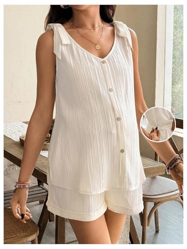OYOANGLE Women's 2 Piece Maternity Set Textured Tie Shoulder Lounge Outfits - color: Apricot, size: X-Large