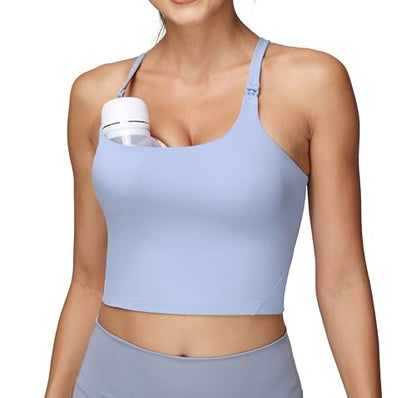 Foucome Nursing Tank Tops Racerback Longline Nursing Sports Bra - color: Light Blue, size: XX-Large