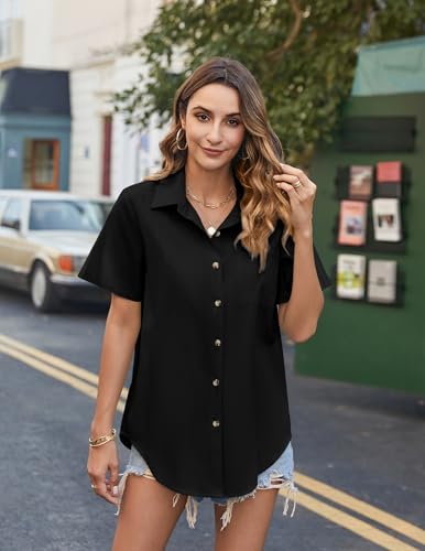 HOTOUCH Women Cotton Button Down Shirts Short Sleeve Linen Blouses Tops - color: A02-black, size: Small