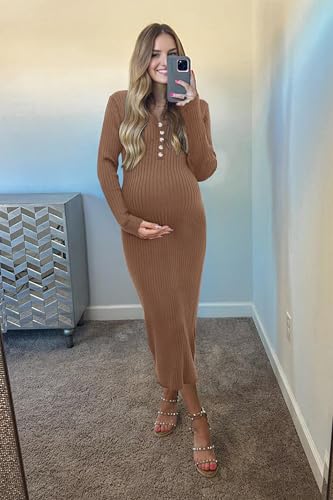 OUGES Women's Wool Maternity Sweater Dress Button Fall Baby Shower Dress - color: Camel, size: Medium