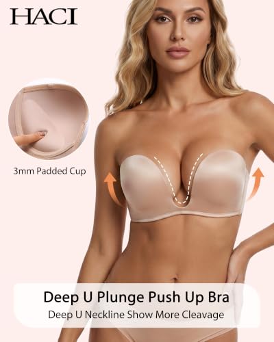 HACI Plunge Deep U Strapless Bra Push Up Demi Everyday Seamless Underwire - color: Beige, size: 34A