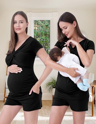 3-Piece Maternity Nursing Pajamas Set for Pregnancy & Postpartum - color: Black, size: Medium
