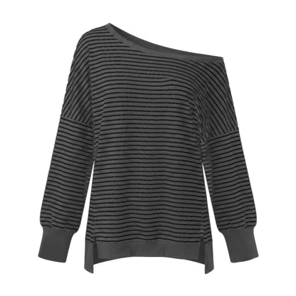 Fall Tops for Women 2026 off Shoulder Striped Top Long Sleeve Pullover Tops - color: Khaki, size: Small