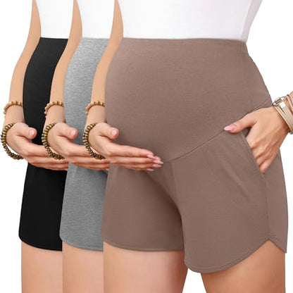 3 Pack Women's Maternity Shorts - color: Coffee, Light Grey, Black, size: X-Large