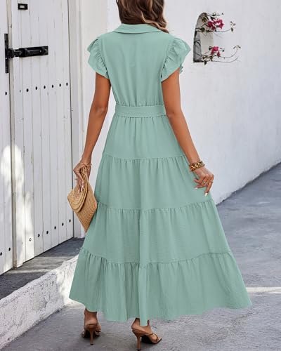 dowerme Women Ruffle Sleeve Button Belted Boho Maxi Dress - color: Mint Green, size: Medium