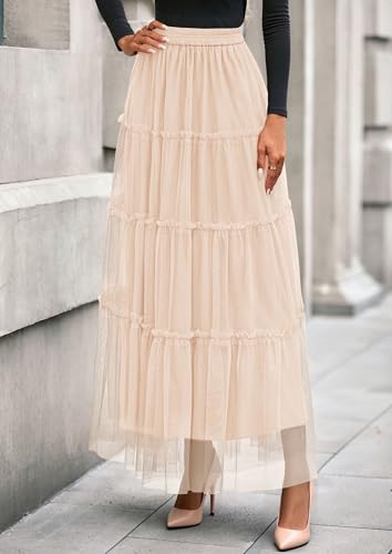 PRETTYGARDEN Women's Fall Soft Tulle Tiered Long Skirt - color: Beige, size: Medium