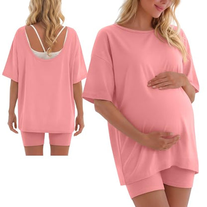 2 Piece Women Maternity Set Pregnancy Outfit - color: Light Pink, size: Small