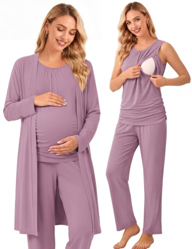 Women 3PCS Maternity Robe Sets Nursing Pajamas Postpartum Breastfeeding Pjs - color: Light Purple, size: Small