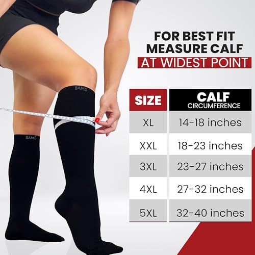 BAMS Plus Size Compression Socks Wide Calf XL XXL XXXL – Graduated Knee-High Support, Viscose from Bamboo Easy-On/Easy-Off - color: Black, size: 3X-Large