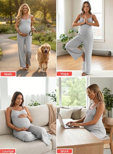 BLENCOT Maternity Ribbed Jumpsuit Stretchy One Piece Wide Leg Romper - color: Grey, size: XX-Large