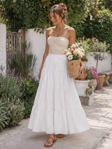 Women's White Maxi Skirt Summer Boho Long Flowy Pleated Tiered High Waist A-Line Flared Skirts - color: White, size: X-Small