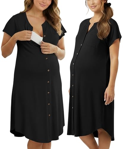 PATPAT Maternity Nursing Dress, Womens Button-Down Midi Dress with Pockets - color: Black, size: Medium