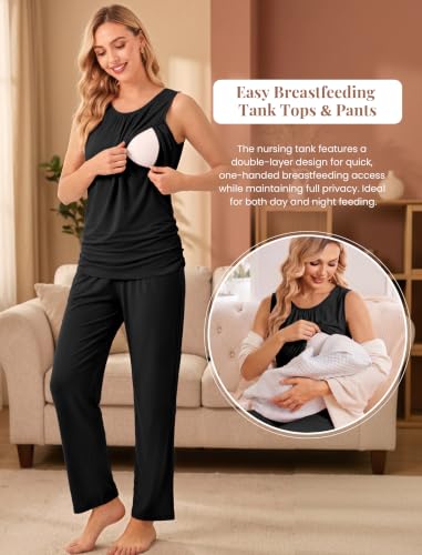 Women 3PCS Maternity Robe Sets Nursing Pajamas Postpartum Breastfeeding Pjs - color: Black, size: XX-Large