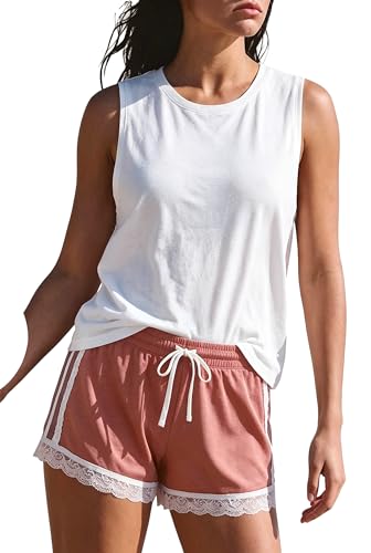 MAKABO Women's 2 Piece Summer Shorts Matching Sets Lace Sleeveless Tank Top Airport Lounge Travel Outfit - color: Pink, size: X-Large