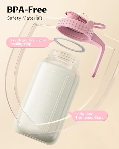 64oz Mason Jar Pitcher, 2quart Glass Breast Milk Pitcher with Lid - color: Pink, size: 64 Ounces