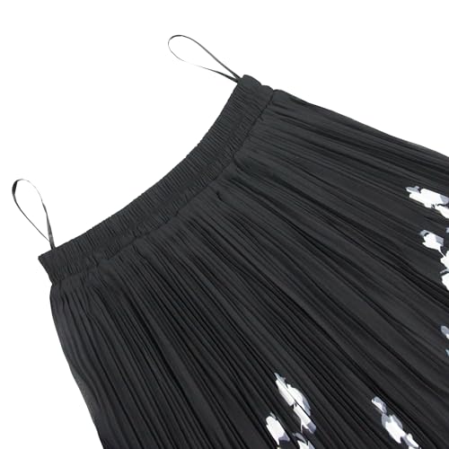 OBBUE Women's Chiffon Pleated Skirt A-line Skirts - color: Black White Flower, size: Large