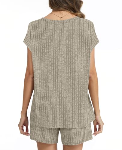 Womens Pajamas 2 Piece Lounge Sets Summer Sleepwear Short Pjs - color: Khaki, size: Medium