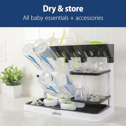 Dr. Brown's Drying Tower, Stand-Up Drying Rack, Countertop Baby Bottle Drying with Organized Storage for Baby Essentials, Space Saving Vertical Rack, Black/White - size: Countertop, style: Black/White Stand-Up Drying Rack