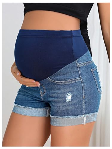 BEAUDRM Women's Maternity Adjustable High Waist Denim Mini Shorts - color: Medium Wash, size: Large