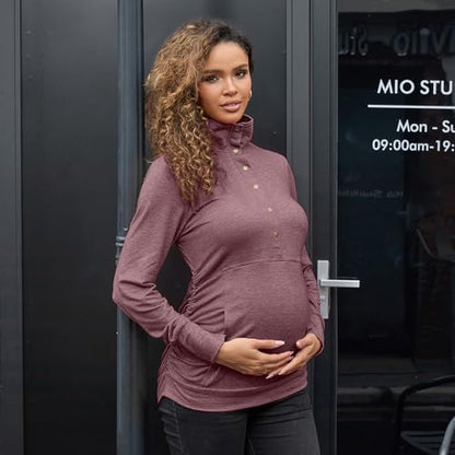 Bhome Maternity Shirt Casual Long Sleeve Half Button Front Lightweight Sweatshirts Slim Fit Pullover Tops with Pockets - color: Burgundy, size: Medium