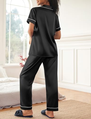 Ekouaer Womens Satin Pajama Set Silky Short Sleeve Button Down Pj Set - color: Black, size: Large