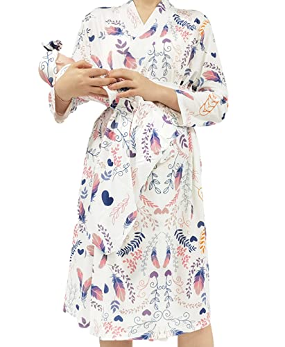 SUFEINI Maternity Robe with Matching Swaddle Set, Mommy Me Swaddle Set Maternity Bathrobe Labor Nursing Delivery Gown - color: B09-feather, size: Medium