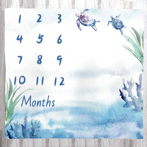Ocean Turtle Milestone Blanket, Monthly Photography Backdrop, 48x40In