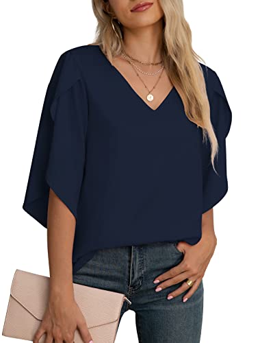 Jouica Women's 3/4 Ruffled Sleeve Blouses Summer Chiffon Casual Loose Tops - color: 01navy Blue, size: Small