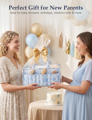 Quilted Diaper Caddy Organizer with Handle, Portable Nursery Storage Basket - color: Blue‌ Flower