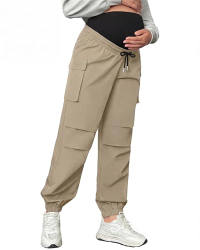 Cutecrop Womens Maternity Cargo Joggers Over The Belly Pregnancy Sweatpants Quick-Dry Causal Stretch Scrub Pants with Pockets - color: Khaki, size: Large