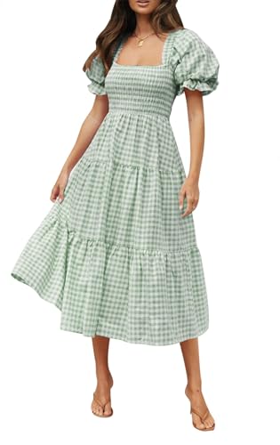 ZESICA Women's Summer Boho Gingham Puff Sleeve Square Neck Beach Midi Dress - color: Green, size: X-Small