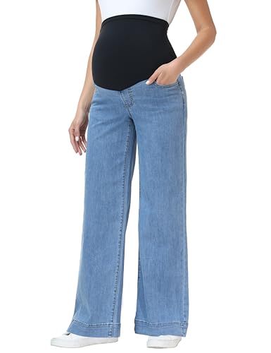 Foucome Maternity Jeans Wide Leg Trendy Pregnancy Denim Pants - color: Blue, size: Large