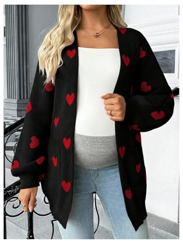 MakeMeChic Women's Maternity Heart Sweater Cardigan Fall Winter Clothes - color: Black and Red, size: Small