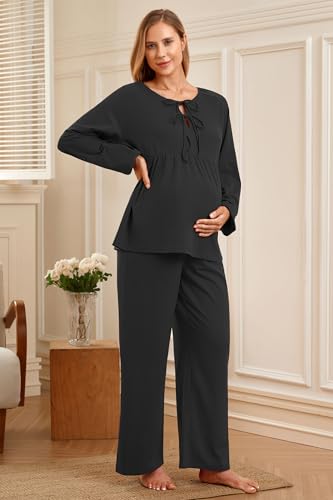 OUGES Womens Cotton Blend Maternity Pajama Sets Tie Front Loungewear Pregnancy Sleepwear Top & Long Pants with Pockets - color: Black, size: X-Large