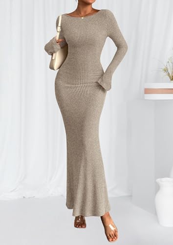 PRETTYGARDEN Women's Fall Long Sleeve Bodycon Maxi Dresses - color: Apricot, size: XX-Large