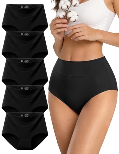 High Waisted Cotton Underwear for Women Full Coverage Panties - color: Black(pack-5), size: 3X-Large