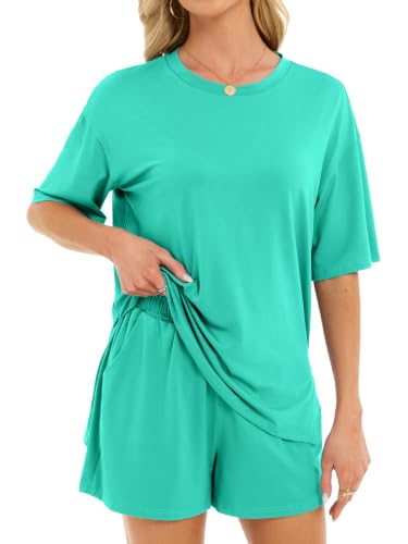 Women's 2 Piece Short Sets Loose Lounge Sets Summer Matching Sets - color: Turquoise, size: X-Large