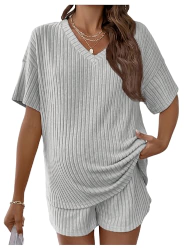 MakeMeChic Women's Maternity 2 Piece Sets Ribbed Shirt and Biker Shorts - color: Light Grey, size: Medium