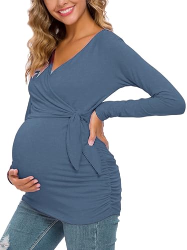 Glampunch Maternity Shirts Short & Long Sleeve Wrap Maternity Tops - color: 15-navy, size: Small