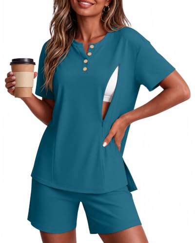 Maternity Nursing Pajama Set - color: Blue Green, size: Small