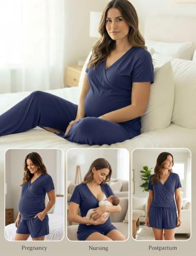 PATPAT 3-Piece Maternity Nursing Pajamas, Womens Lounge Set with Pockets - color: Navy Blue, size: Medium