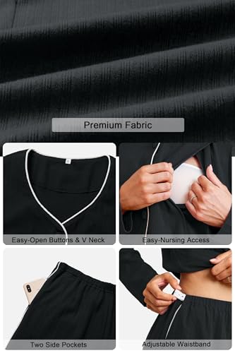 OUGES 100% Cotton Women's Maternity Nursing Pajamas Sets Button Down Breastfeeding Loungewear Top & Pants with Pockets - color: Black, size: Small