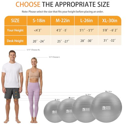 Gruper Yoga Ball, Extra Thick Non Slip Exercise Ball, 4 Sizes - color: ['Grey'], size: 22 Inch (55cm),m